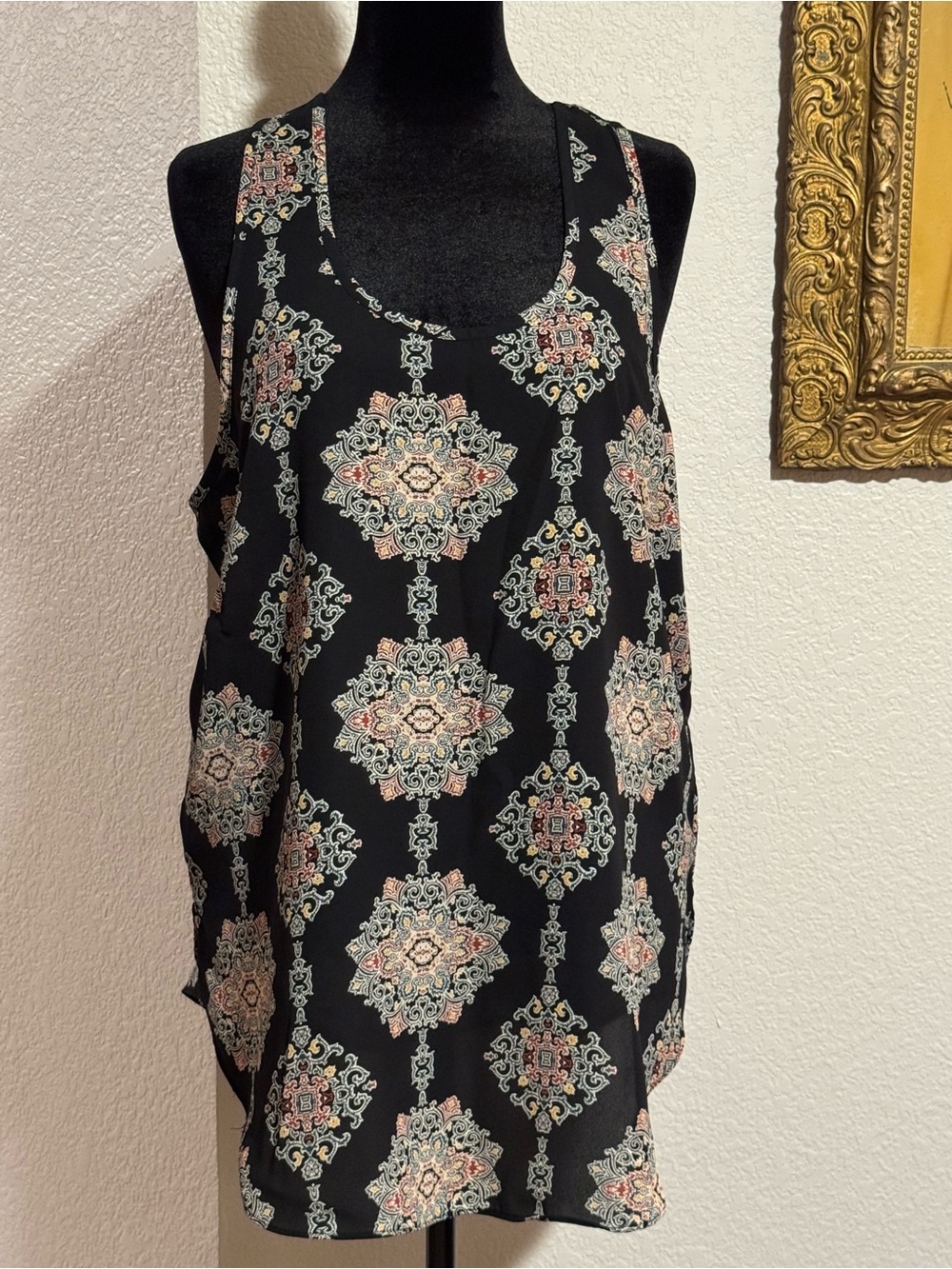 Massimo Black Sleeveless Top with Cream & Blue Medallion Print